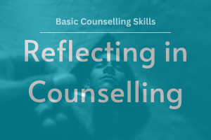 Image showing title of the article, "basic counselling skills: reflecting in counselling" in front of a backdrop of a reflection of a man's face in a broken piece of mirror.